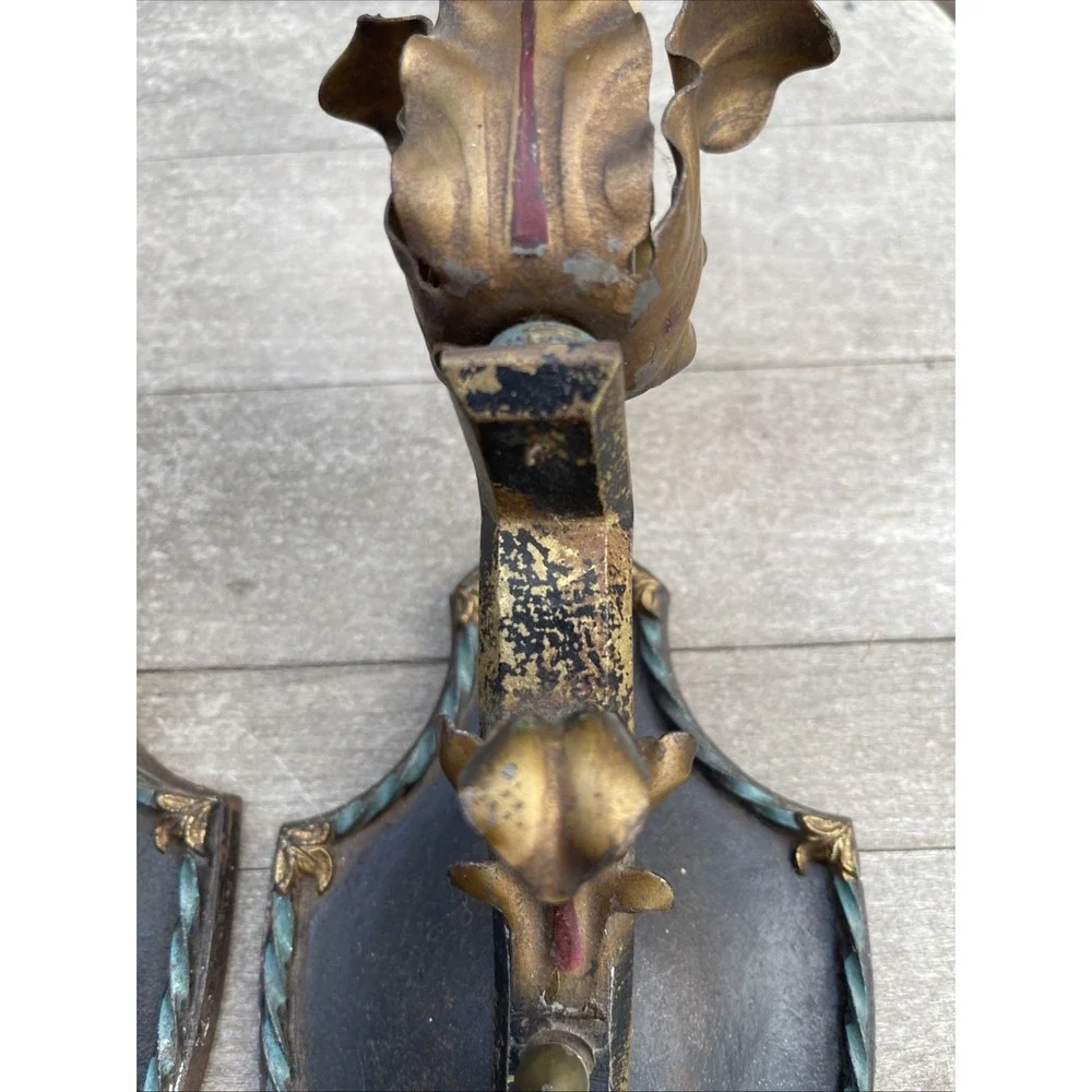 Antique Vintage Moe Bridges Milwaukee‎ Wis. Cast Iron Gothic Sconce Light Set 2